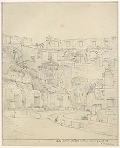 Parti af det indre Colosseum da arenaen endnu var opgravet. Arenaens sydøstlige del med kapellet og hovedingangen. by C.W. Eckersberg