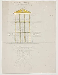 Parti af kirkefløjen på Frederiksberg slot; nederst en del af kirkeruderne, øverst et af riddersalens vinduer by Jørgen Roed