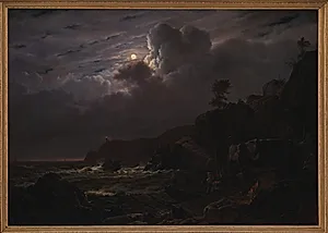 Parti af Kullen. Nogle smuglere skjuler deres varer mellem klipperne. Måneskin by Louis Gurlitt