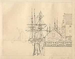 Parti fra en af skibspladserne på Christianshavn, i baggrunden Mastekran. by C.W. Eckersberg