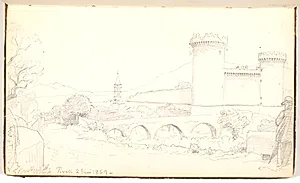Parti fra Tivoli med en bygning med to tårne, en mand står yderst til højre by P.C. Skovgaard