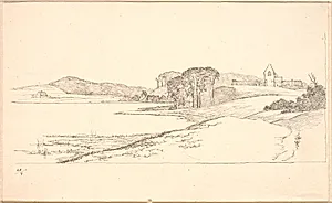Parti ved Søllerød Sø, t.h. kirken by Johan Thomas Lundbye