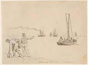 Passagerer sættes ud til Dampskibet Caledonia. by C.W. Eckersberg