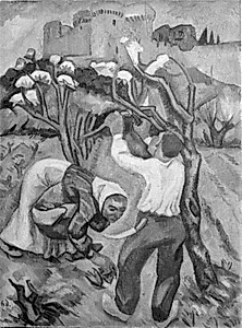 Paysan taillant un arbre en fleurs