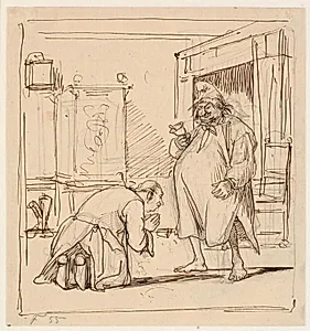 Peder Paars 1. bog 4. sang. Per Degn ræddes for fogeden by Wilhelm Marstrand