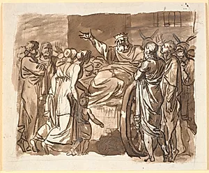 Peisistratos beklager sig for Athenienserne over det overfald, han siger sig at have været genstand for. Han sidder på æseltrukket kærre, omgivet af talrige mennesker by Nicolai Abildgaard