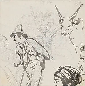 Penselstudier af okse, hyrde, hoveder samt blyantskrads by Wilhelm Marstrand