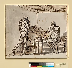 Perikles besøger Anaxagoras, der læser Athenes anklage mod ham for gudsbespottelse by Nicolai Abildgaard