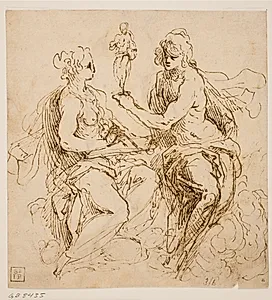Personifikationer af malerkunsten og billedhuggerkunsten siddende på skyer by Jacopo Palma (il Giovane)