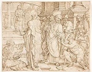 Peter, der sammen med Johannes er på vej til templet, helbreder en lam by Maarten van Heemskerck
