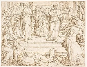 Peter og Johannes prædiker by Maarten van Heemskerck