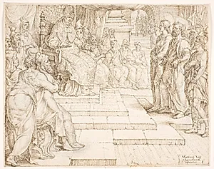 Peter og Johannes stilles for ypperstepræsterne by Maarten van Heemskerck
