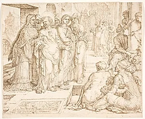 Peter og Johannes tages til fange af præsterne og saddukæerne by Maarten van Heemskerck