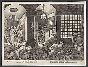 Peter udfries af fængslet af englen by Philips Galle