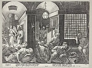Peter udfries af fængslet af englen by Philips Galle