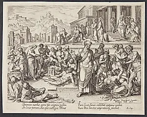 Petrus helbreder den halte med sin skygge by Philips Galle