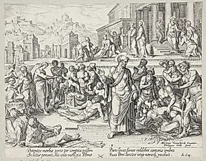 Petrus helbreder den halte med sin skygge by Philips Galle