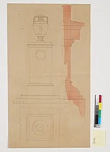 Piedestal til en vase. Udkast med opstalt, snit og profil samt angivelse af målestoksforhold by Nicolai Abildgaard