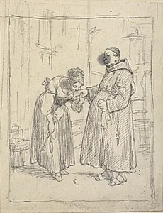 Pige kysser en munks hånd by Wilhelm Marstrand