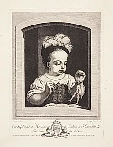 Pige med dukke i et vindue by Thérèse Devaux