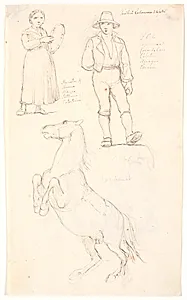 Pige med tamburin, ung stående mand og stejlende hest by Johan Thomas Lundbye