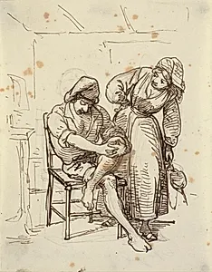 Pige ser på en ung fisker, der sidder på en stol by Wilhelm Marstrand