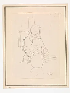 Pige stående ved et bord med en vase by Ludvig Find