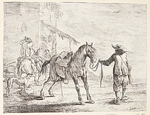 Pissende hest, en mand holder den i tøjlerne by Dirk Stoop
