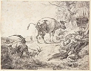 Pissende ko by Nicolaes Berchem