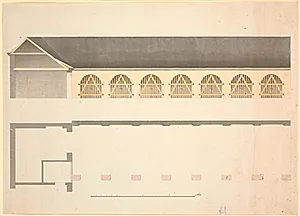 Plan og opstalt af et magasinrum med mange tremmeporte by Nicolai Abildgaard
