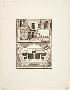 Plan og snit af en bygning over en fontæne by Giovanni Battista Piranesi