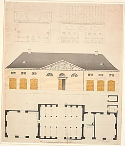 Plan, opstalt og snit af en staldbygning, sandsynligvis til Constantin Bruns gård by Nicolai Abildgaard