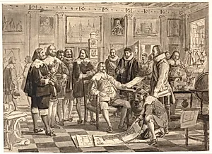 Planen til Børsen forevises Chr. IV i audienssalen på Rosenborg by Wilhelm Marstrand