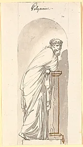 Polyhymnia, hymnedigtningens muse, som statue i en niche by Nicolai Abildgaard