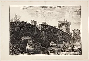 Ponte Lucano, med Plautii's grav i baggrunden by Giovanni Battista Piranesi