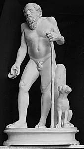 Portræt af Diogenes (ca. 414-323 f.Kr.), græsk filosof, stående med en hund ved fødderne by Ubekendt