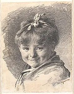 Portræt af en lille pige med kort hår og hårbånd by Bertha Wegmann
