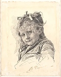 Portræt af en lille pige med langt hår og hårbånd by Bertha Wegmann