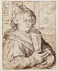 Portræt af en mand med hue og pelsbræmmet kappe, vendt mod h. T.h. gennem en vinduesåbning udsigt til andre rum by Jacob Matham