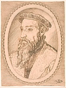 Portræt af en skægget mand, i en oval by Melchior Lorck