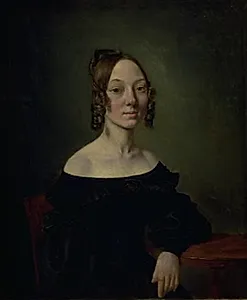 Portræt af en ung pige i sort kjole siddende ved et bord by Wilhelm Bendz