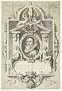 Portræt af Hendrick Goltzius i allegorisk ramme by Jacob Matham