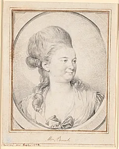 Portræt af Madame Charles Bonnet, født de la Rive. Brystbillede i trekvart profil mod højre i tegnet stenoval by Jens Juel