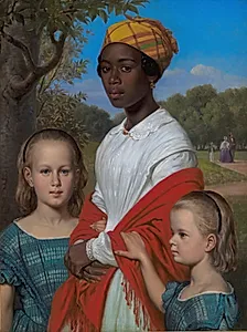 Portræt af Otto Marstrands to døtre og deres vestindiske barnepige, Justina Antoine, i Frederiksberg Have