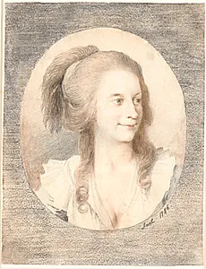 Portræt af pastorinde Nicolai Bierfreund, født Henriksen. Ovalt, trekvart profil mod højre by Jens Juel