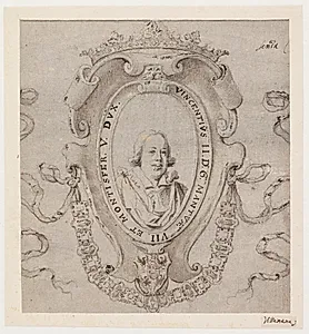 Portræt af Vicenzo II, hertug af Mantova. Brystbillede i oval kartouche, en face. I kartouchen indskriften VINCENTIVS II.D.G. MANTVÆ VII. ET MONTISFER. V. DVX. by Francesco Villamena
