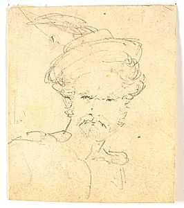 Portræthoved med baret med fjer by Wilhelm Bendz