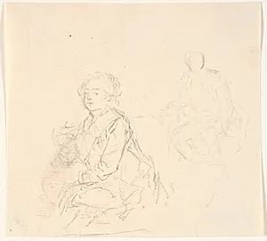 Portrætskitse af mand med ordensbånd. T.h. herfor løs skitse af samme mand i drejet position by C.A. Lorentzen