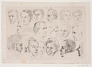 Portrætter af de 17 mandlige personer på W.Marstrands maleri: "Et musikalsk aftenselskab" 1834