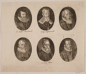Portrætter af Jesper Rasmussen Brochmand, Holger Rosenkrantz, Hans Poulsen Resen, Christen Sørensen Longomontanus, Ole Worm og Caspar Bartholin by Ubekendt